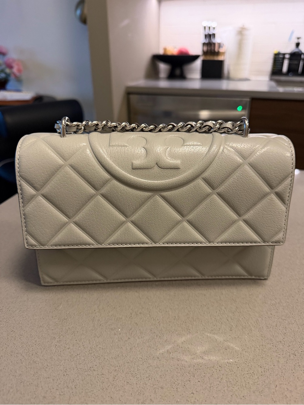 Tory Burch Gray Quilted Leather Fleming Shoulder Bag